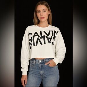 Calvin Klein Women’s Sweatshirt L White Cropped L Logo Drop Shoulder